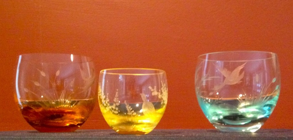 Coloured Moser crystal glasses wildlife etchings Prague Czech Republic